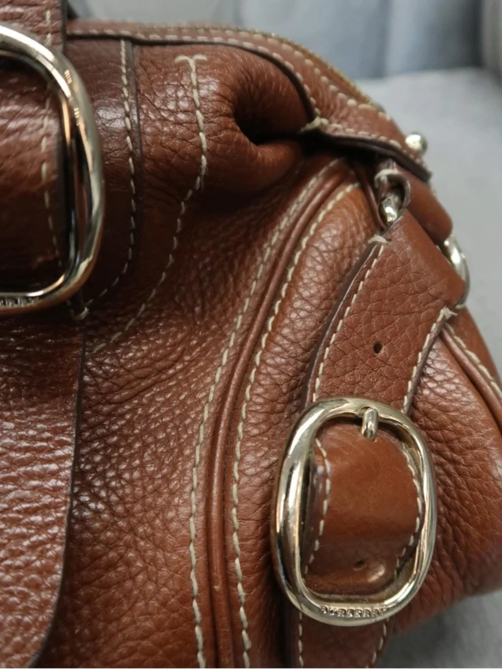 Burberry Brown Pebbled Leather Double-Handle Satchel - Picture 10 of 11